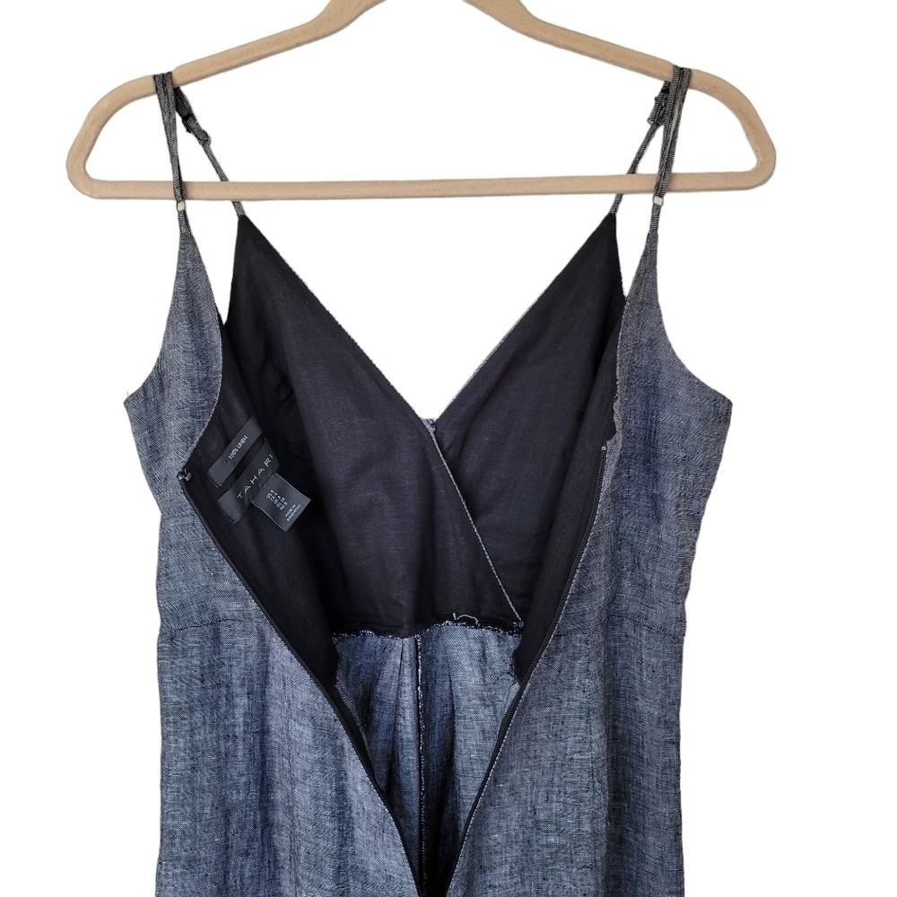 Tahari Gray Chambray Linen Sleeveless Wide Crop Leg Jumpsuit - Picture 5 of 10